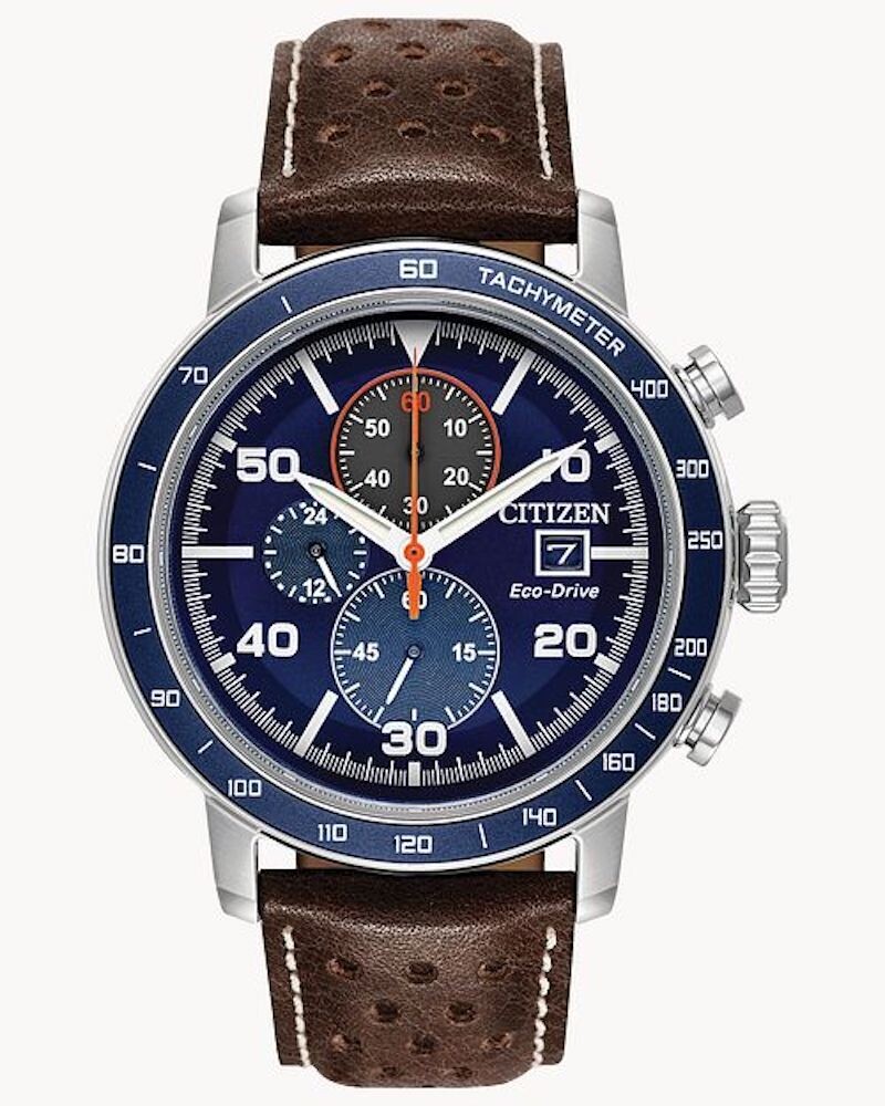 Citizen Ecodrive Brycen CA0648-09L 44mm blue dial Tachymeter 100m Water Resist leather band Ecodrive movement (solar or light powered)