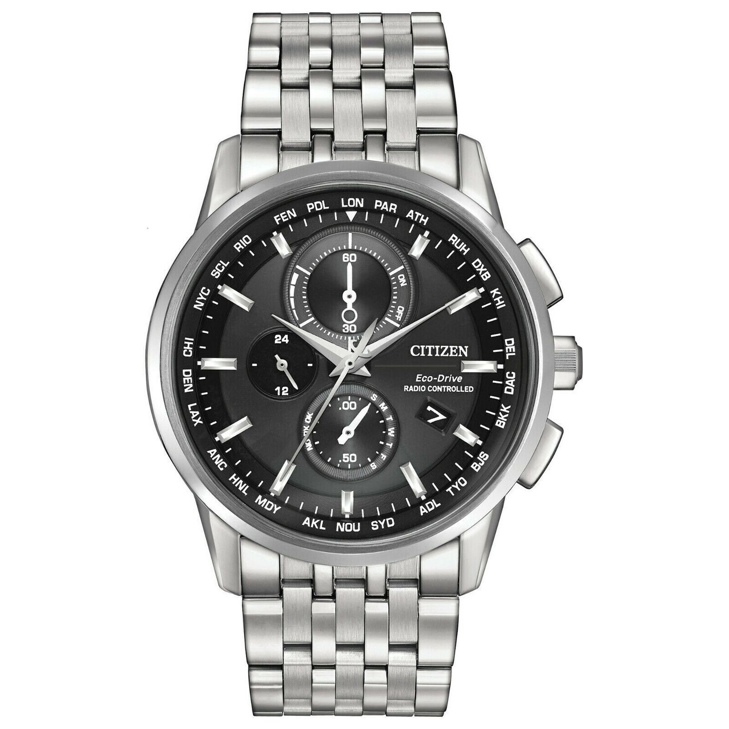 reloj hombre Radiocontrol Citizen AT8110-53E A-T dial negro 43mm Calendario  Perpetuo Cristal de Zafiro Cronógrafo Hora Mundial 100m WR Ecodrive  (funciona con energía solar)