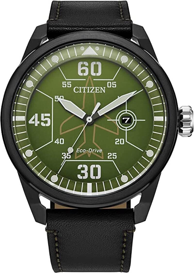 Citizen Ecodrive Avion AW1735-03X

 45mm green dial Aviator men’s watch 100m water resist leather band Ecodrive movement (solar or light powered)