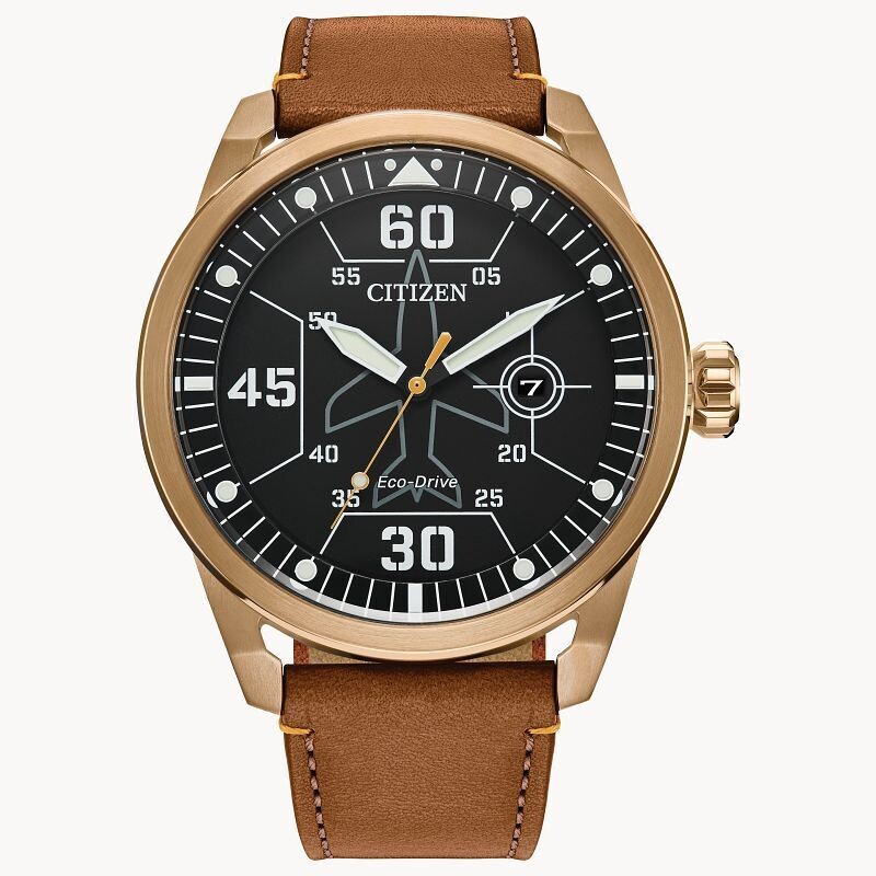 Citizen Ecodrive Avion AW1733-09E 45mm black dial aviator men’s watch leather band 100m water resist Ecodrive movement (solar or light powered)