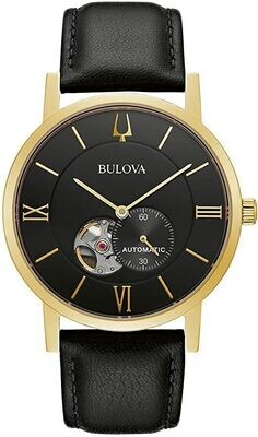 Bulova American Clipper 97A154 42mm black dial automatic men’s watch leather band 30m water resist

f