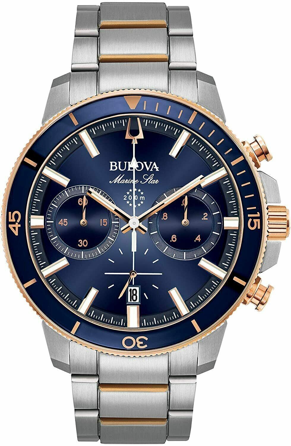 Bulova Marine Star 98B301 45mm blue dial Chronograph men's watch quartz 200m water resist stainless steel bracelet
