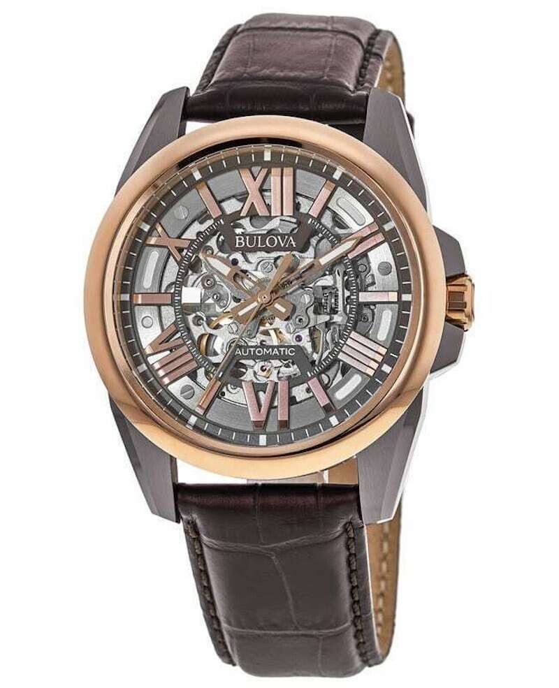 Bulova Sutton 98A165 Automatic men's watch 43mm Skeleton Rose Gold and Brown Watch 100m WR leather band