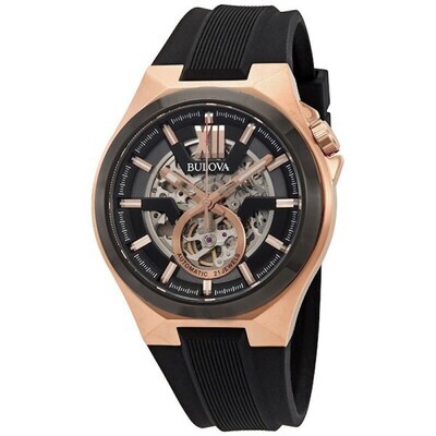 Bulova Maquina Skeleton 98A177 46mm automatic men's watch Sapphire crystal Rose-Gold 100m WR silicone band
