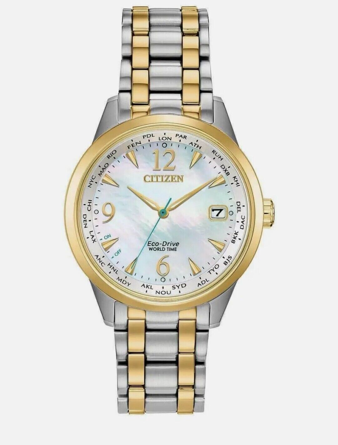 Citizen Eco-Drive FC8004-54D World Time 36mm Mother-of-Pearl Sapphire crystal Perpetual Calendar 50m WR stainless steel bracelet Eco-Drive movement (solar or light powered)