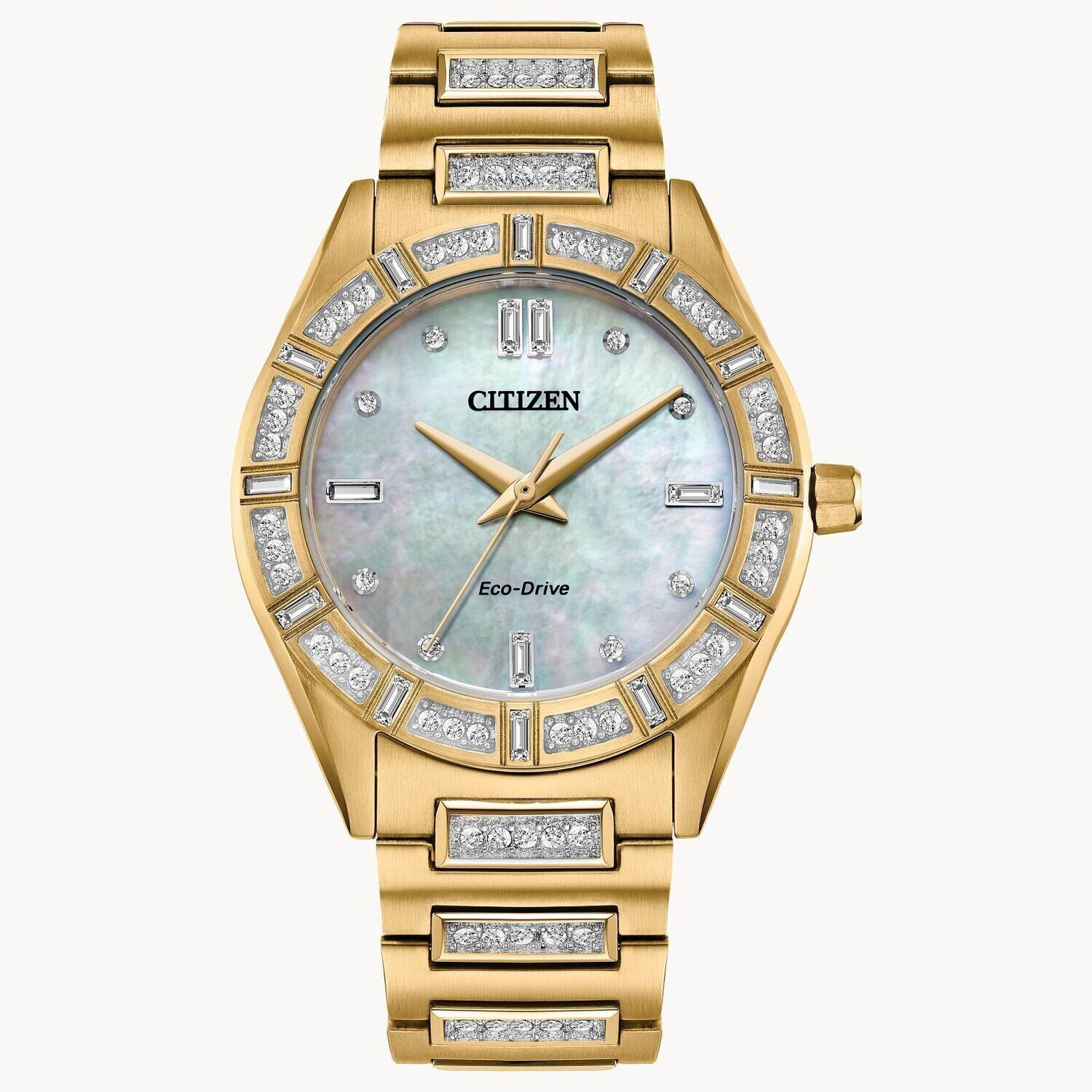Citizen Ecodrive Silhouette Crystal EM1022-51D 34mm Mother of Pearl 50m WR Ecodrive movement (solar or light powered) stainless steel bracelet women's watch