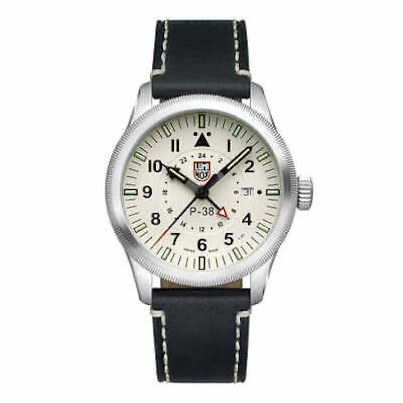 ​reloj hombre Aviador Luminox P-38 Lightning XA.9527 42mm Cristal de zafiro Cuarzo 100m WR dial marfil correa de cuero Hecho en Suiza