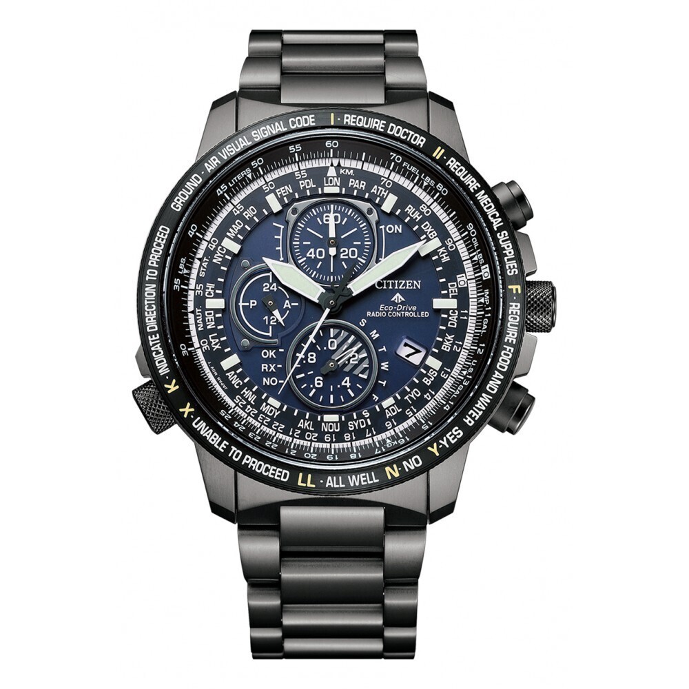 Citizen Promaster Sky AT8195-85L 44.3MM Titanium Case and bracelet Radio-control Sapphire crystal 200m WR perpetual calendar world time anti-magnetic chronograph Power reserve indicator Ecodrive movement (solar or light powered)