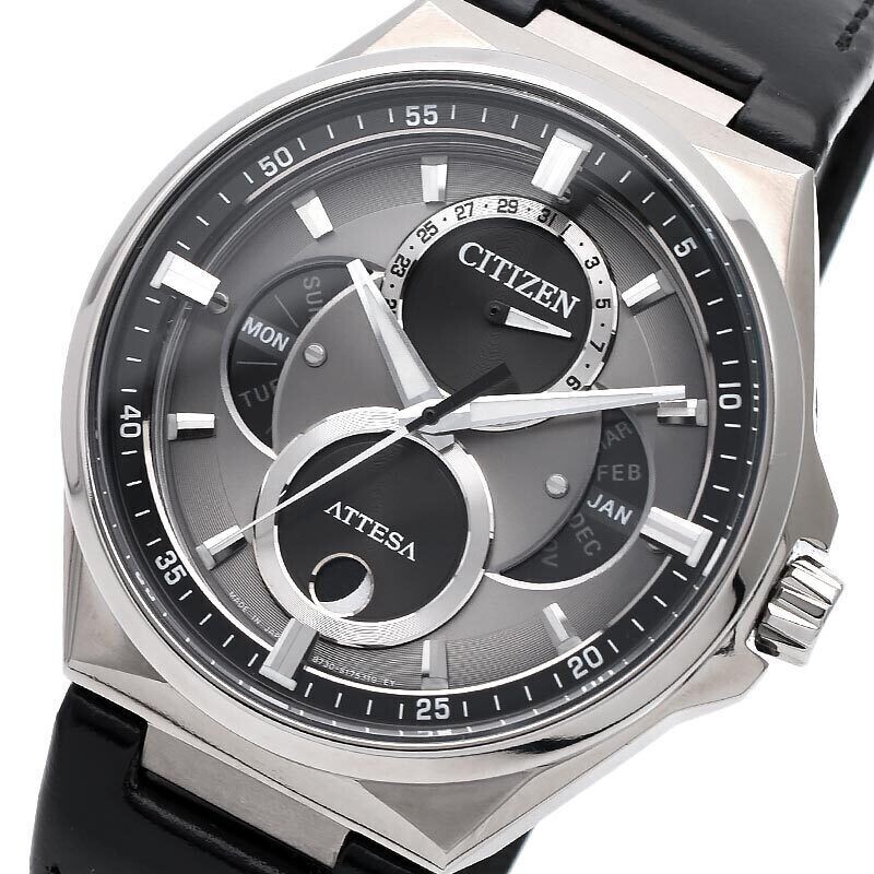 CITIZEN ATTESA ACT LINE TRIPLE CALENDAR MOON PHASE BU0060-09H JDM 42mm Sapphire crystal 100m WR leather band Moon Phase Ecodrive movement (solar or light powered) Japan Domestic Market