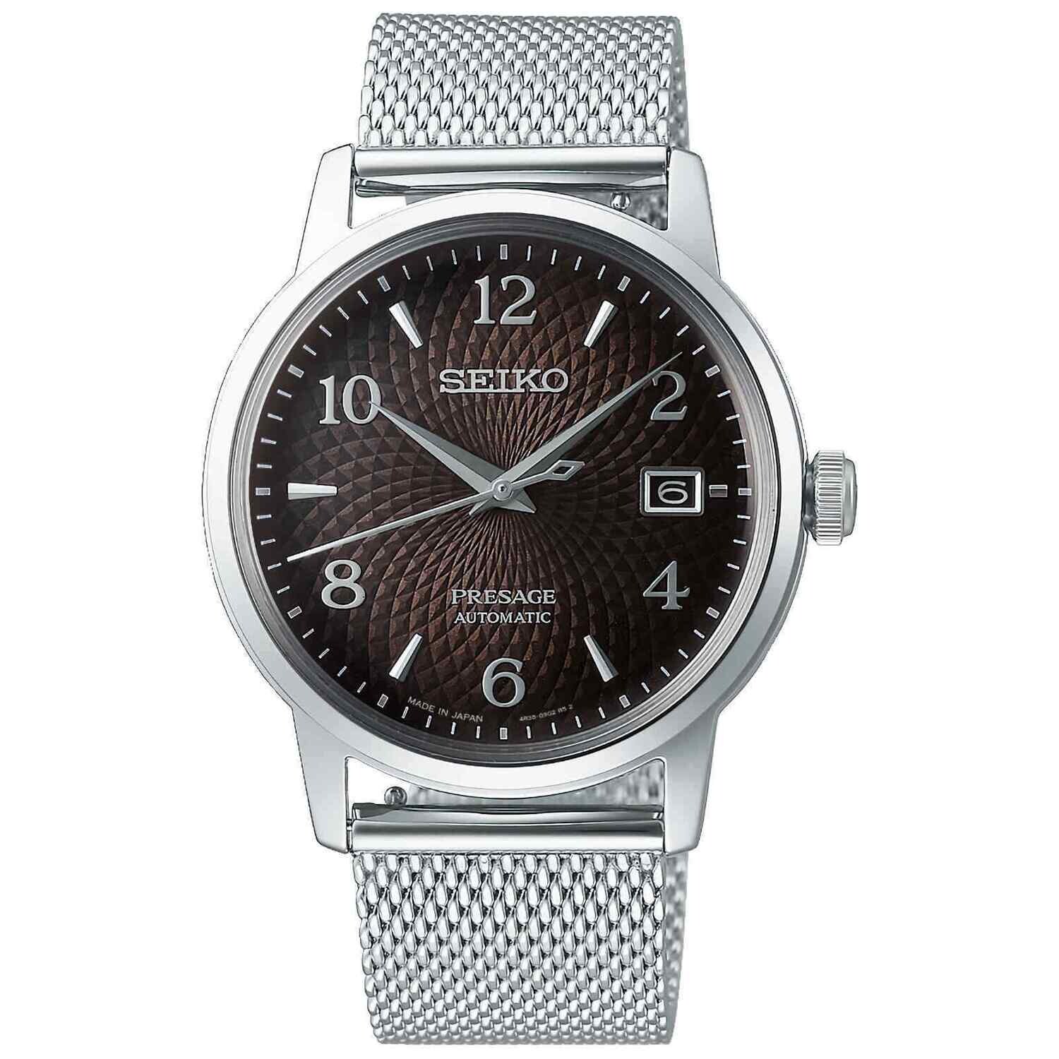 Seiko Presage Cocktail SRPF39J1 Diamond Charcoal 38.5mm 50m WR automatic men’s watch mesh stainless steel bracelet