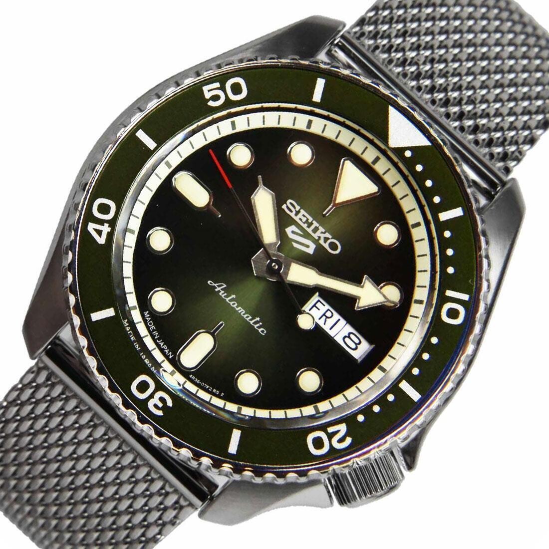 Seiko 5 Sports SRPD75K1 42.5mm 100m WR automatic men’s watch green dial  mesh stainless steel bracelet