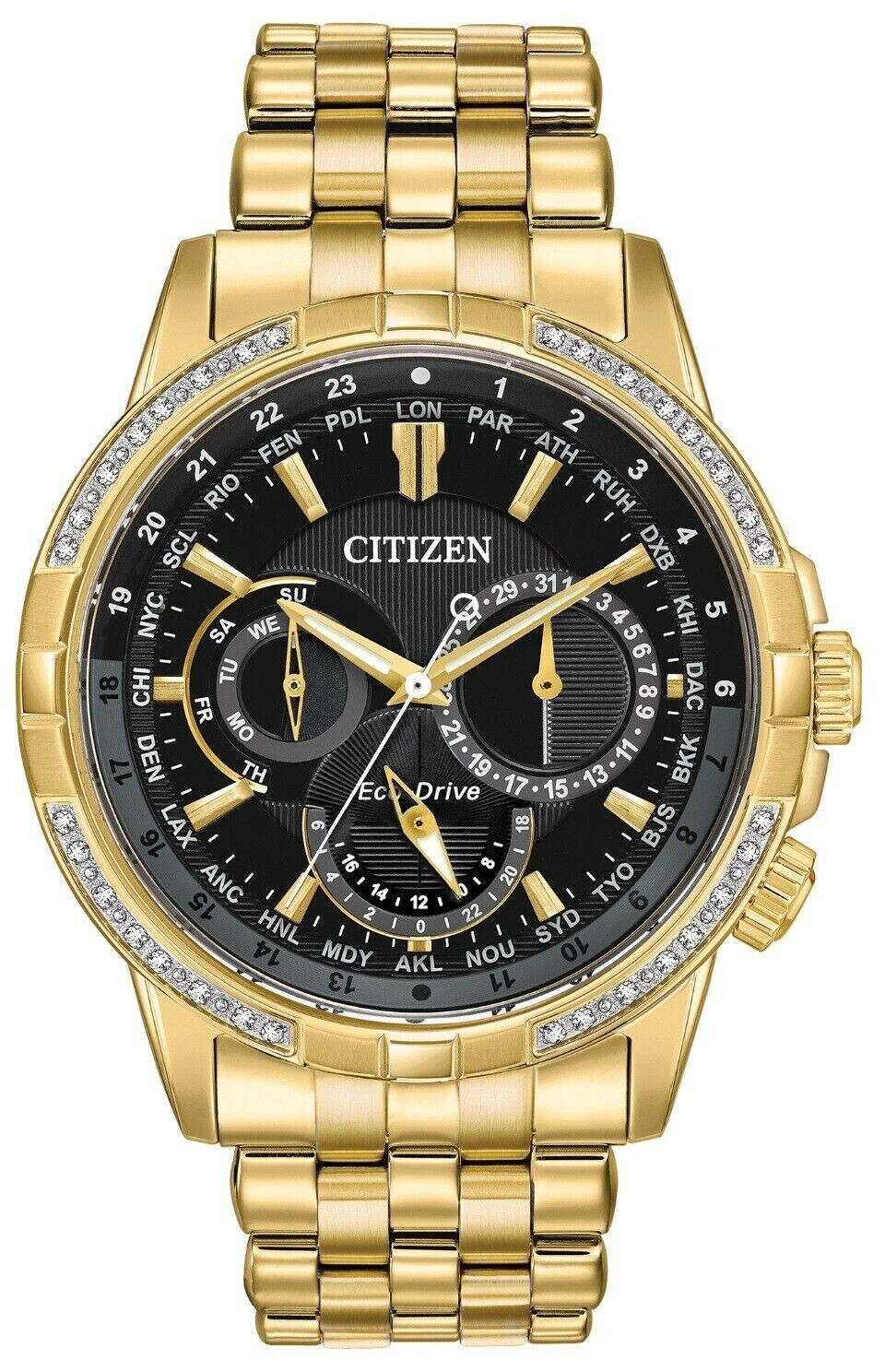 Reloj hombre Citizen Calendrier Ecodrive BU2082-56E 44mm Diamantes Fecha Hora mundial 100m WR movimiento Ecodrive (funciona con energía solar o luz)