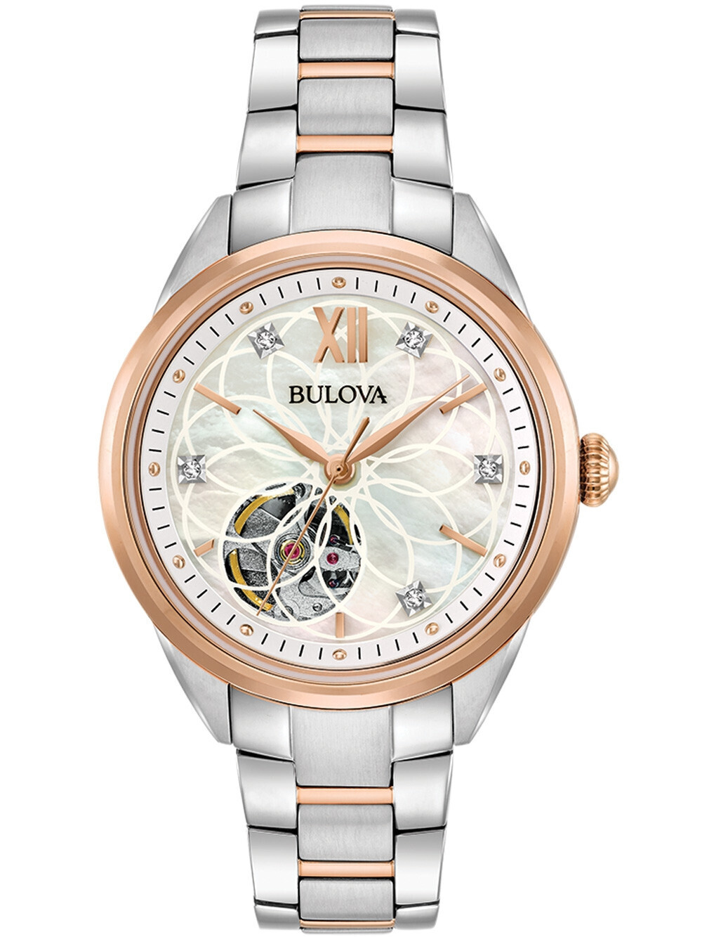 Reloj automático para mujer Bulova 98P170 35mm Madreperla Cristal de zafiro 30m WR correa de acero