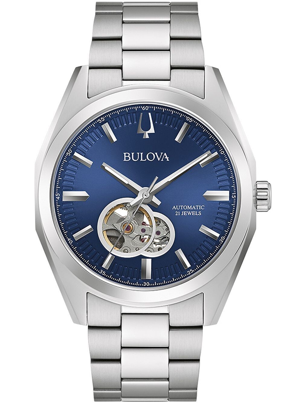 Bulova Surveyor 96A275 42mm 30m WR / 3ATM automatic men's watch blue dial stainless steel bracelet