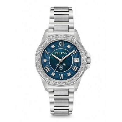 Bulova Marine Star 96R215 32mm blue dial Sapphire glass 100m WR women's watch stainless steel bracelet