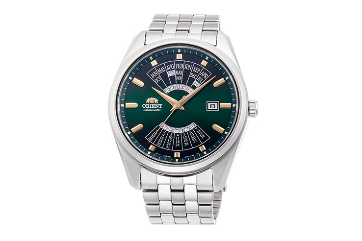 Orient Multi-Year  RA-BA0002E 43.5mm 50m WR automatic men’s watch green dial stainless steel bracelet
