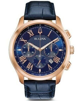 Bulova Wilton 97B170 45.5mm blue dial sport men's watch Chronograph 30m Water resist leather band