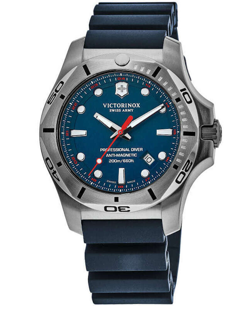 ​reloj de buceo Victorinox Swiss Army I.N.O.X. Professional Diver 241734.1 GMT 45mm cristal de zafiro 200m WR correa de goma Hecho en Suiza
