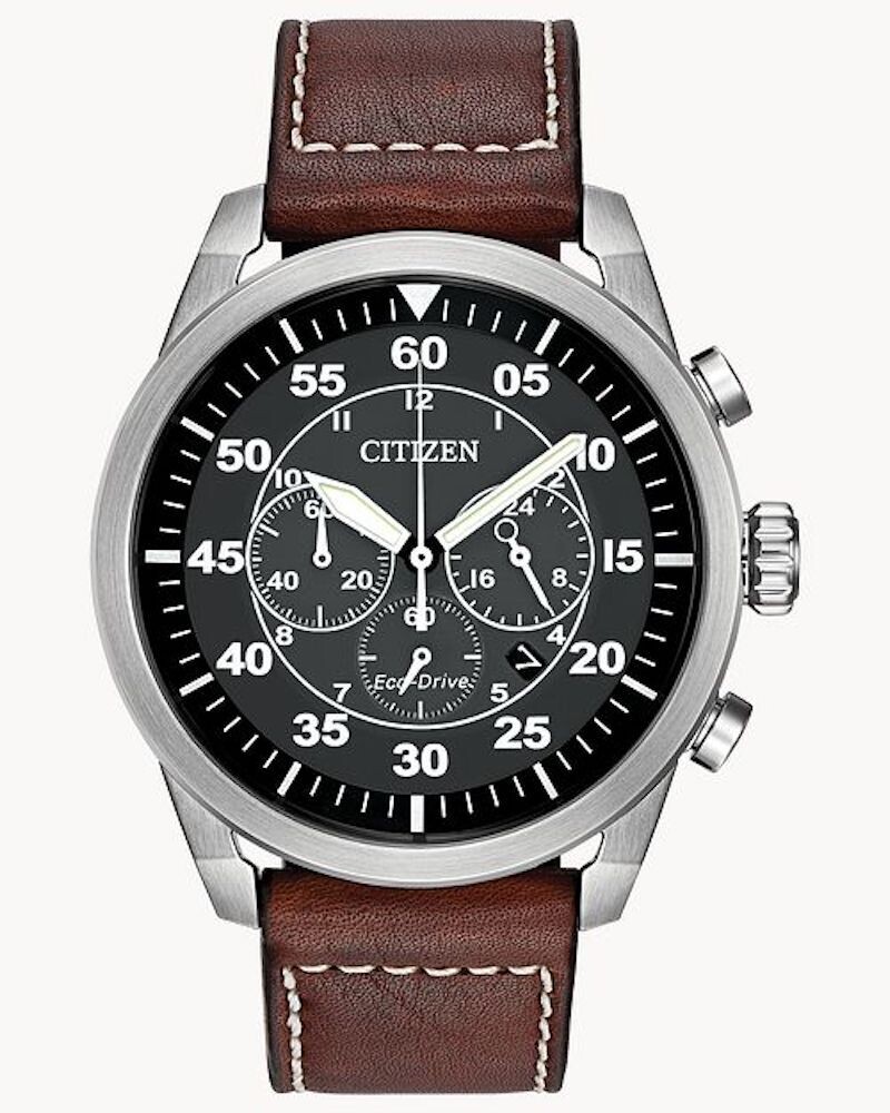 Citizen Ecodrive Avion CA4210-24E 45mm black dial Chronograph 100m Water resist leather band aviator men’s watch