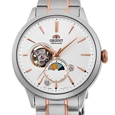 Orient Sun Moon RA-AS0101S Semi-Skeleton 42mm 30m WR sapphire crystal anti-reflective stainless steel bracelet automatic men’s watch