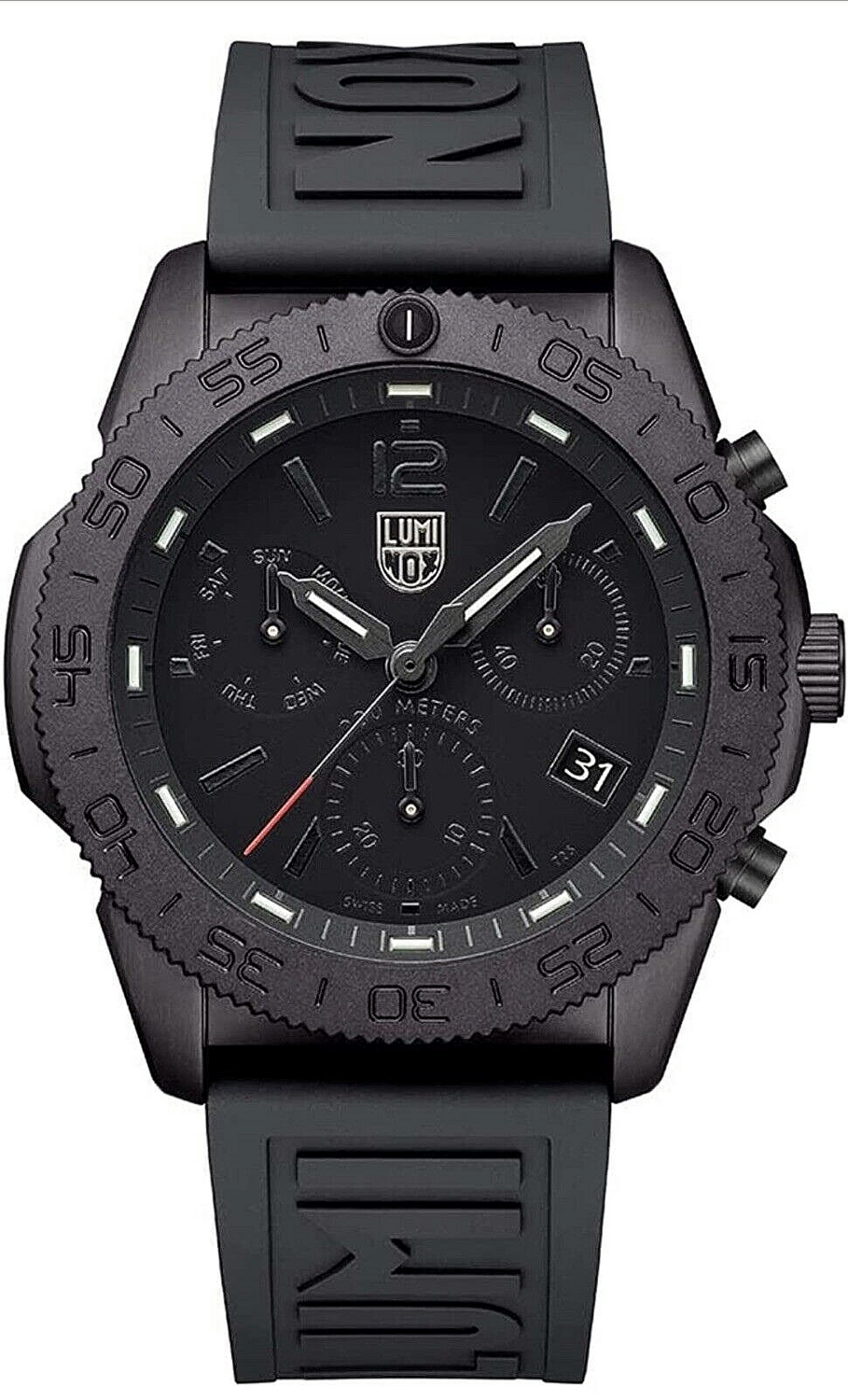 Luminox Pacific Diver Chronograph XS.3141.BO 44mm All Black Rubber Men's Watch
Sapphire with anti-reflection coating Crystal 200m water resist sport quartz men's watch SWISS MADE