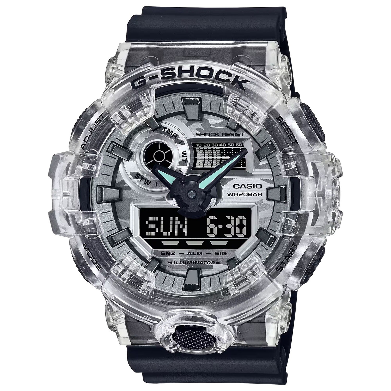 reloj deportivo hombre Casio G-Shock GA-700SKC-1A Camouflage Monochromatic translucent Design Watch 200m WR 5 alarmas cronómetro resistente a los golpes