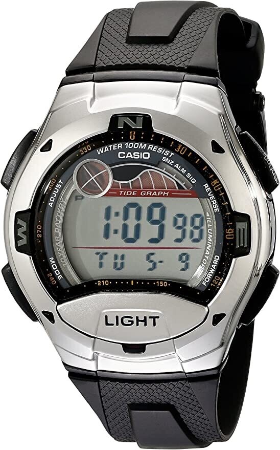 reloj digital hombre Casio W753-1A 100m WR 10 años batería Fases Lunares 5 alarmas
