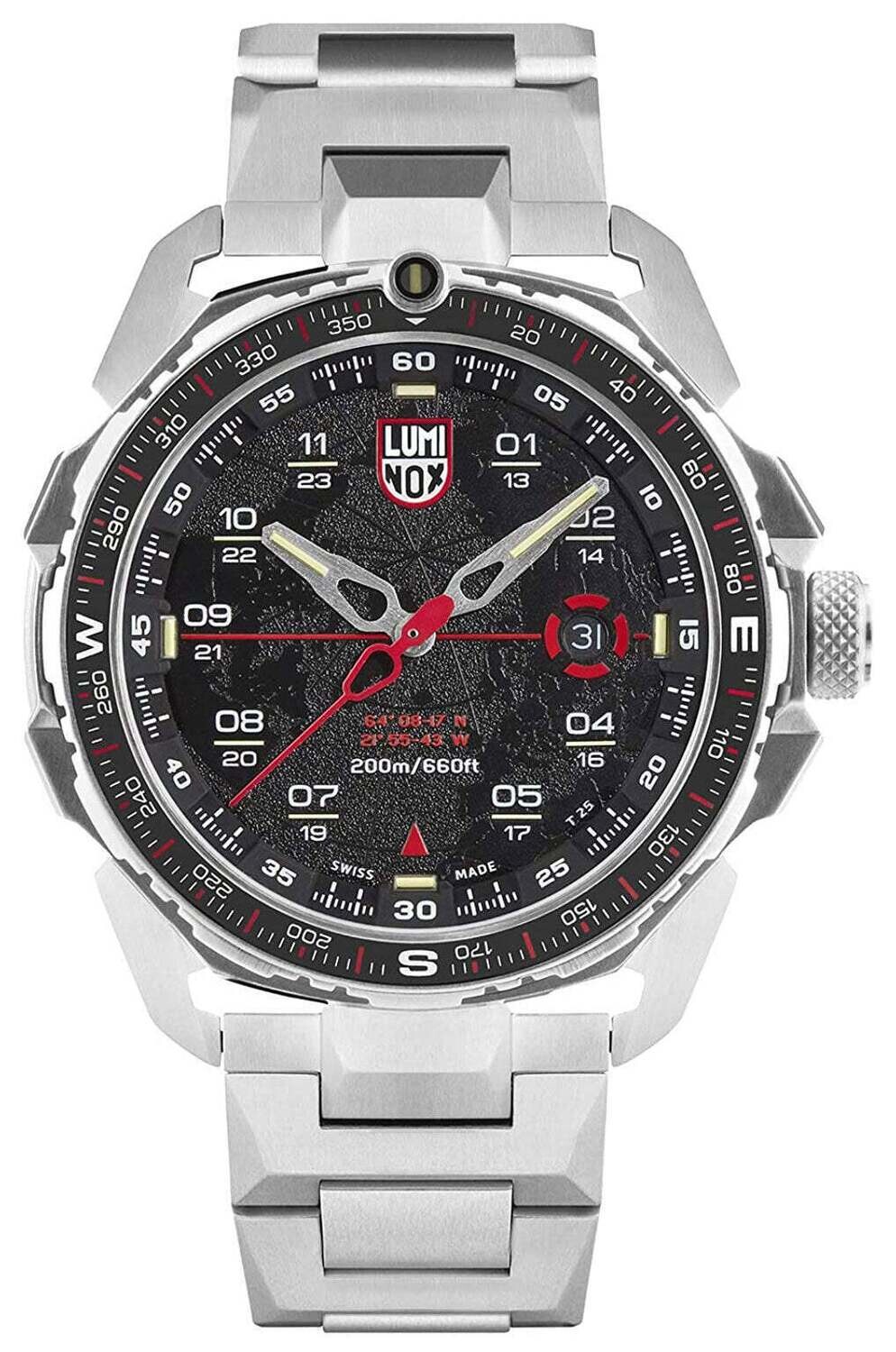 Reloj deportivo para hombre 200m water resist SWISS MADE ​Luminox ICE-SAR Arctic XL.1202 46MM Acero Esfera Negra Fecha Buzos Resplandor constante Cuarzo Zafiro con revestimiento antirreflejos Cristal