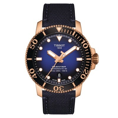 Tissot Seastar 1000 T120.407.37.041.00 43mm Powermatic 80 300m WR 80h power reserve sapphire crystal automatic divers men’s watch cloth band