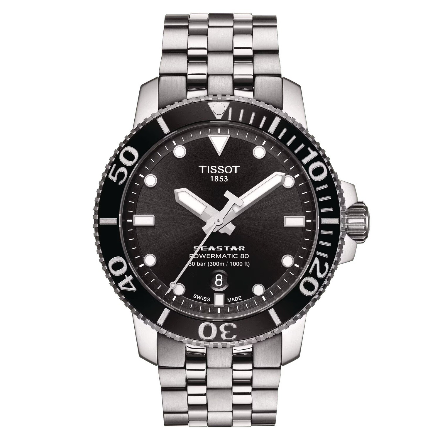 Tissot Seastar 1000 Powermatic 80 T120.407.11.051.00 43mm 300m WR sapphire crystal 80h power reserve stainless steel bracelet automatic divers men’s watch
