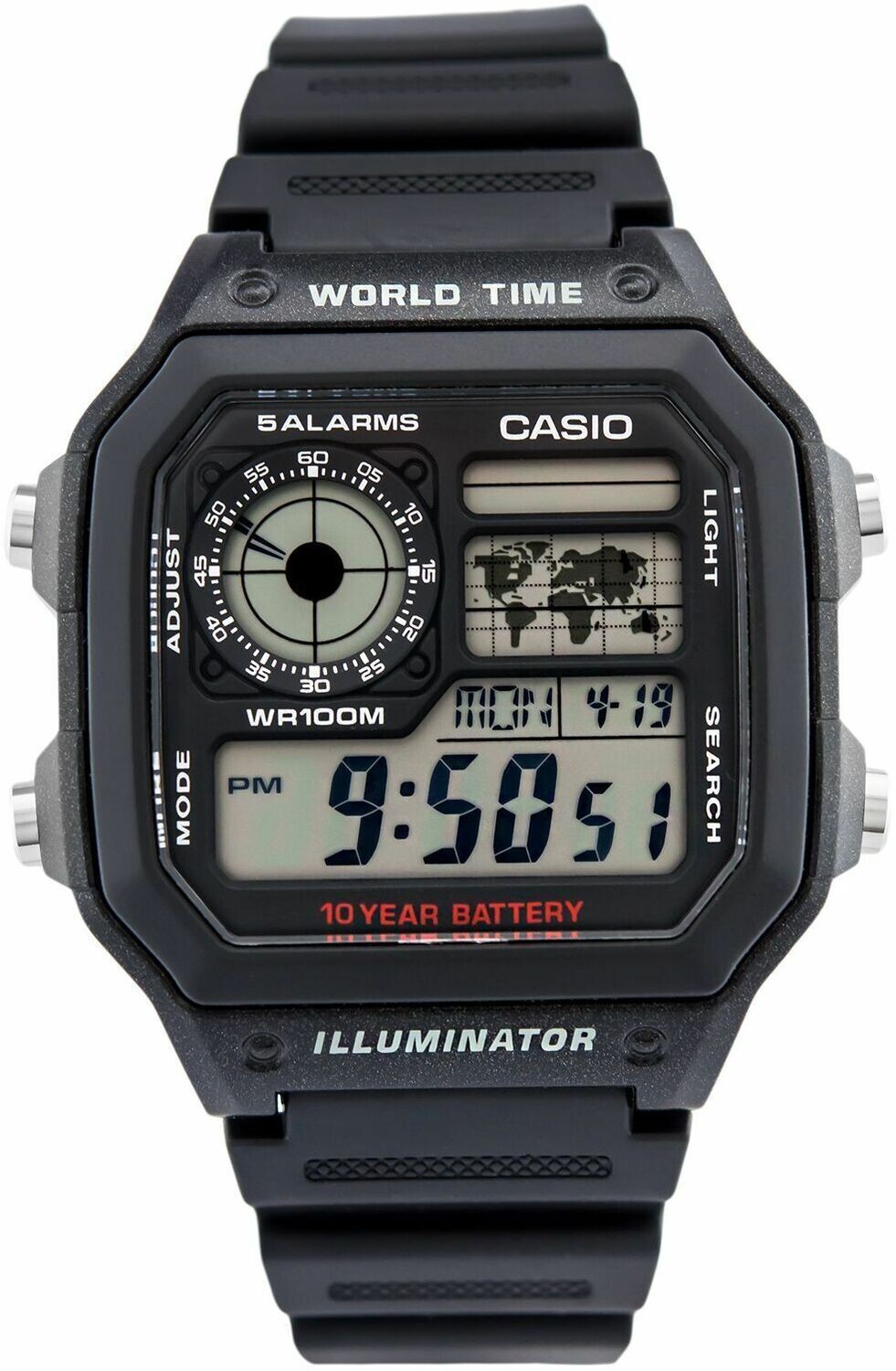 Casio AE-1200WH-1AV World time 5 alarms 10 year battery 100m WR rubber band sport men’s watch