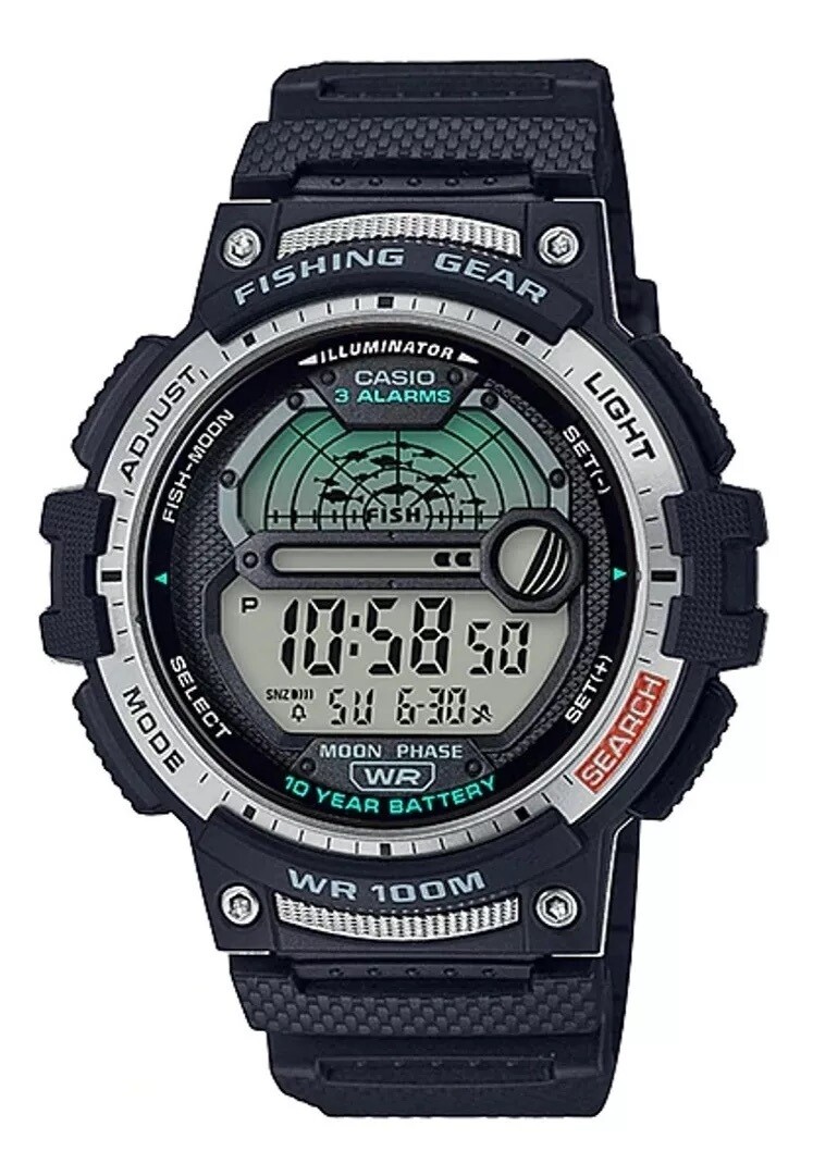 ​Reloj deportivo pesca hombre Casio Outgear WS-1200H-1AV 100M WR Fases Lunares 3 alarmas 10 años batería Hora Mundial