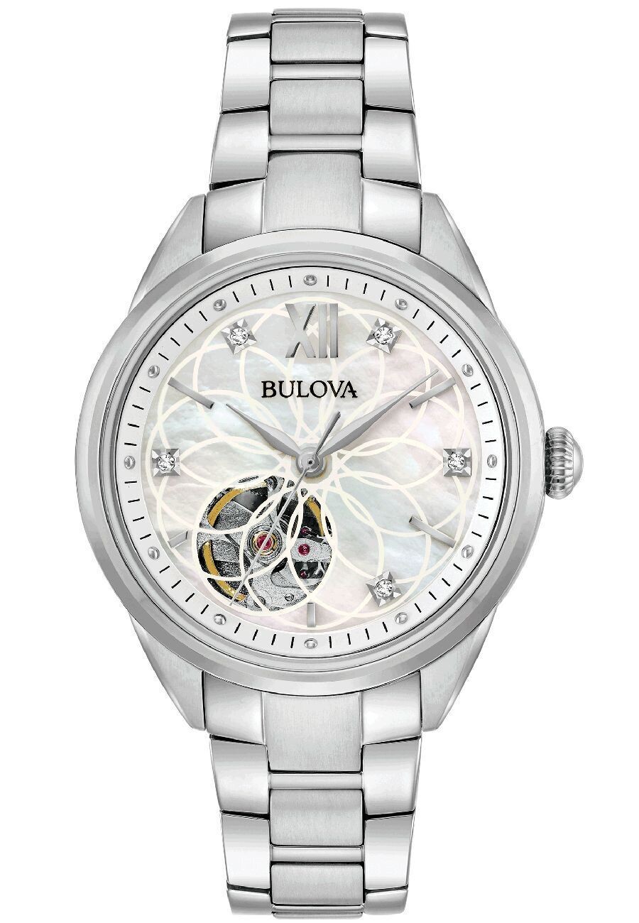 reloj automático mujer Bulova Silver Diamond 96P181 34mm Madreperla cristal de zafiro 30m WR correa de acero