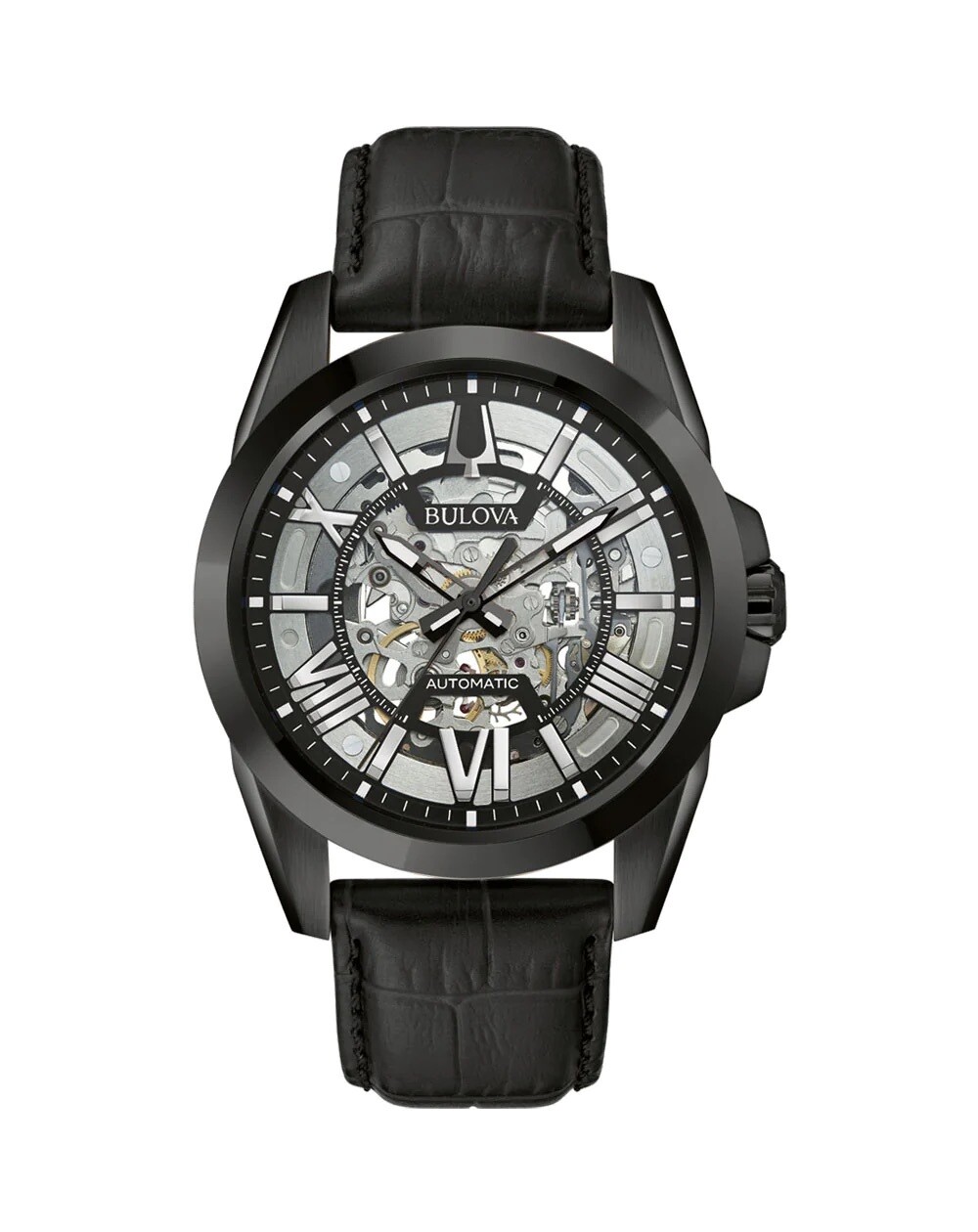 Bulova Sutton Skeleton 98A304 43mm IP Black 100m WR leather band automatic men’s watch