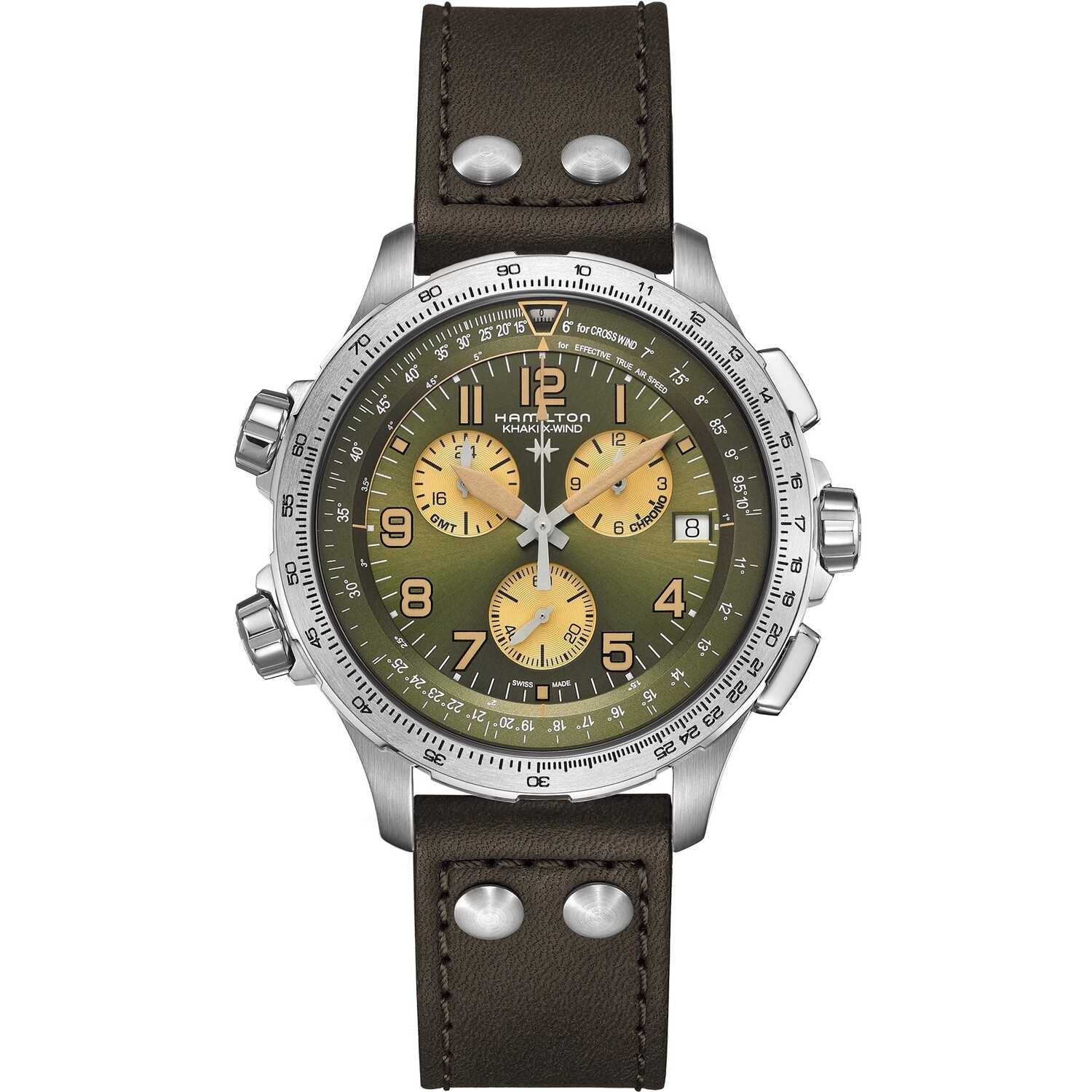 reloj aviador hombre Hamilton KHAKI AVIATION X-WIND GMT CHRONO H77932560  QUARTZ 46mm 100M WR Super-Luminova correa de cuero