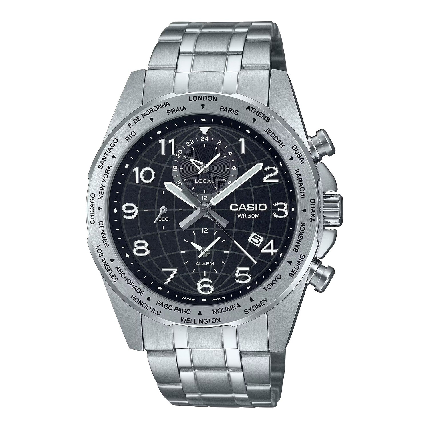 Casio MTP-W500D-1AV 43.9mm 50m WR World Time sport men’s watch stainless steel bracelet