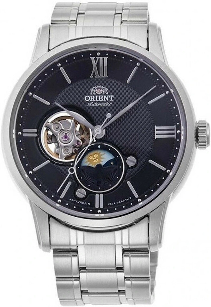Orient Sun &amp; Moon RA-AS0008B 42mm 50m WR sapphire crystal automatic men’s watch stainless steel bracelet