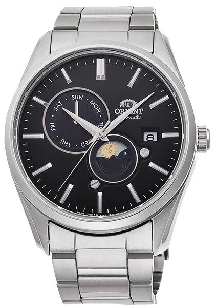 Orient Sun &amp; Moon RA-AK0307B 41.5mm 50m WR sapphire crystal automatic men’s watch stainless steel bracelet