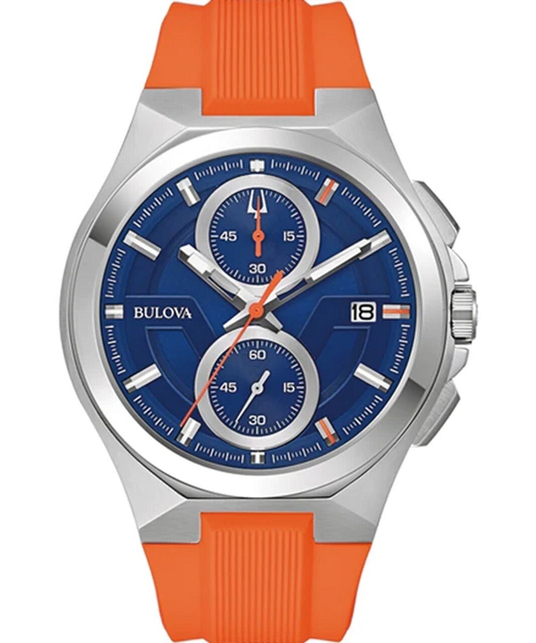 Bulova 96B407 Marc Anthony Maquina Limited Edition 46mm 100m WR sapphire crystal blue orange rubber band men’s chronograph