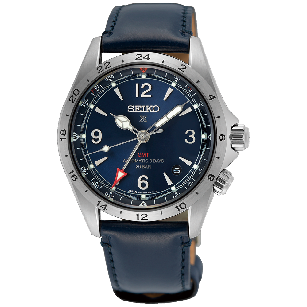 Seiko Prospex Alpinist GMT SPB377J1 39.5mm 200m WR automatic men's watch curved sapphire crystal leather strap Lumibrite