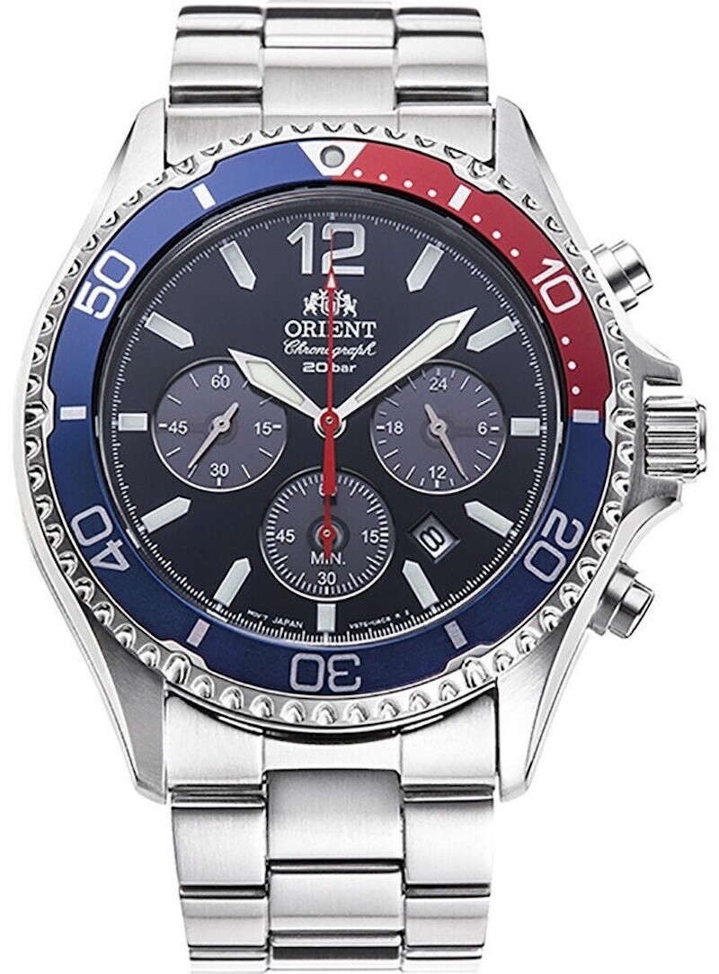 Orient RA-TX0201L 42.8mm Sports Chronograph 200m WR sapphire crystal men’s watch solar powered stainless steel bracelet