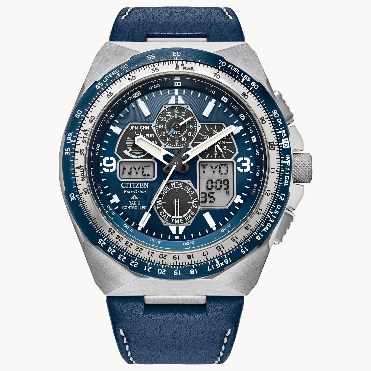 ​reloj aviador radiocontrol Citizen Promaster Skyhawk A-T JY8148-08L 46m 200m WR cristal de zafiro antirreflejos correa de cuero movimiento Eco-Drive (funciona con energía solar o luz)