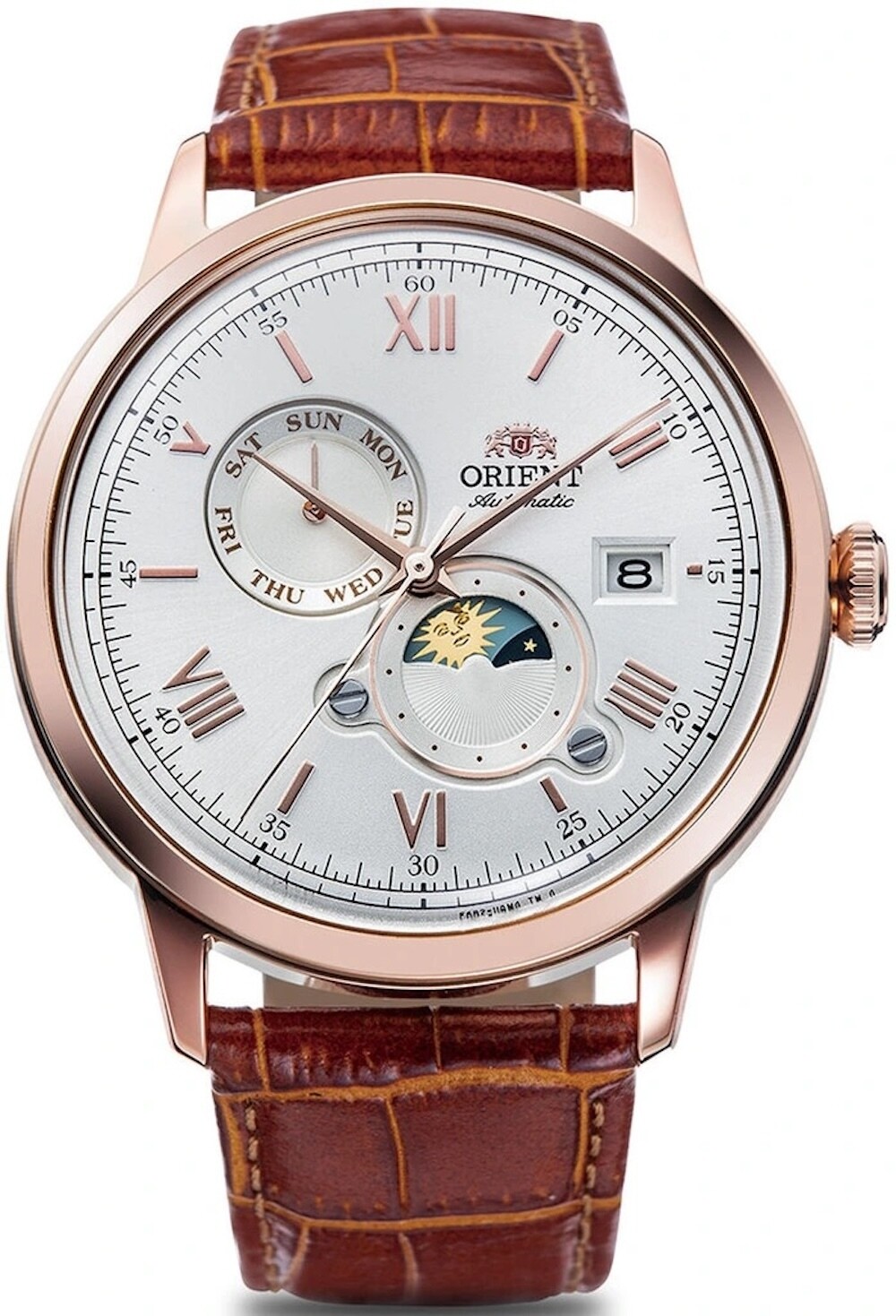 Orient Sun &amp; Moon RA-AK0801S 41.5mm automatic men&#39;s watch with leather strap (accepts manual winding)