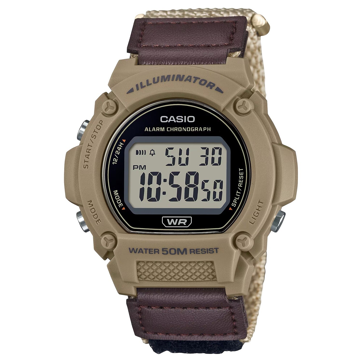 Casio W219HB-5AV 47.1MM men's sports watch 7 years battery 50m WR fabric strap chronograph alarm