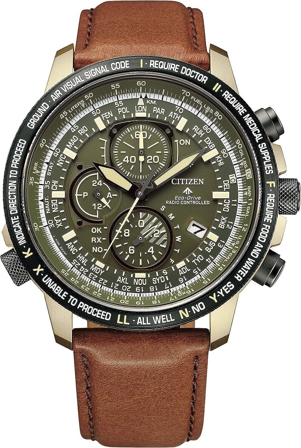 ​reloj Aviador hombre radio-control Citizen Promaster Sky TITANIUM AT8194-11X JDM 44.3mm cristal de zafiro anti-reflejo resistencia anti-magnética 200m WR correa de cuero Calendario Perpetuo Indicador