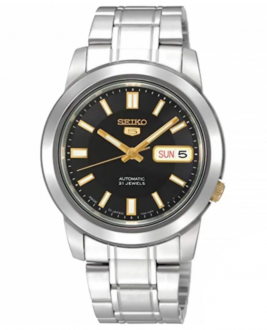 Seiko SNKK17J1 men&#39;s automatic watch 5 38mm Made in Japan black dial steel strap caliber 7S26