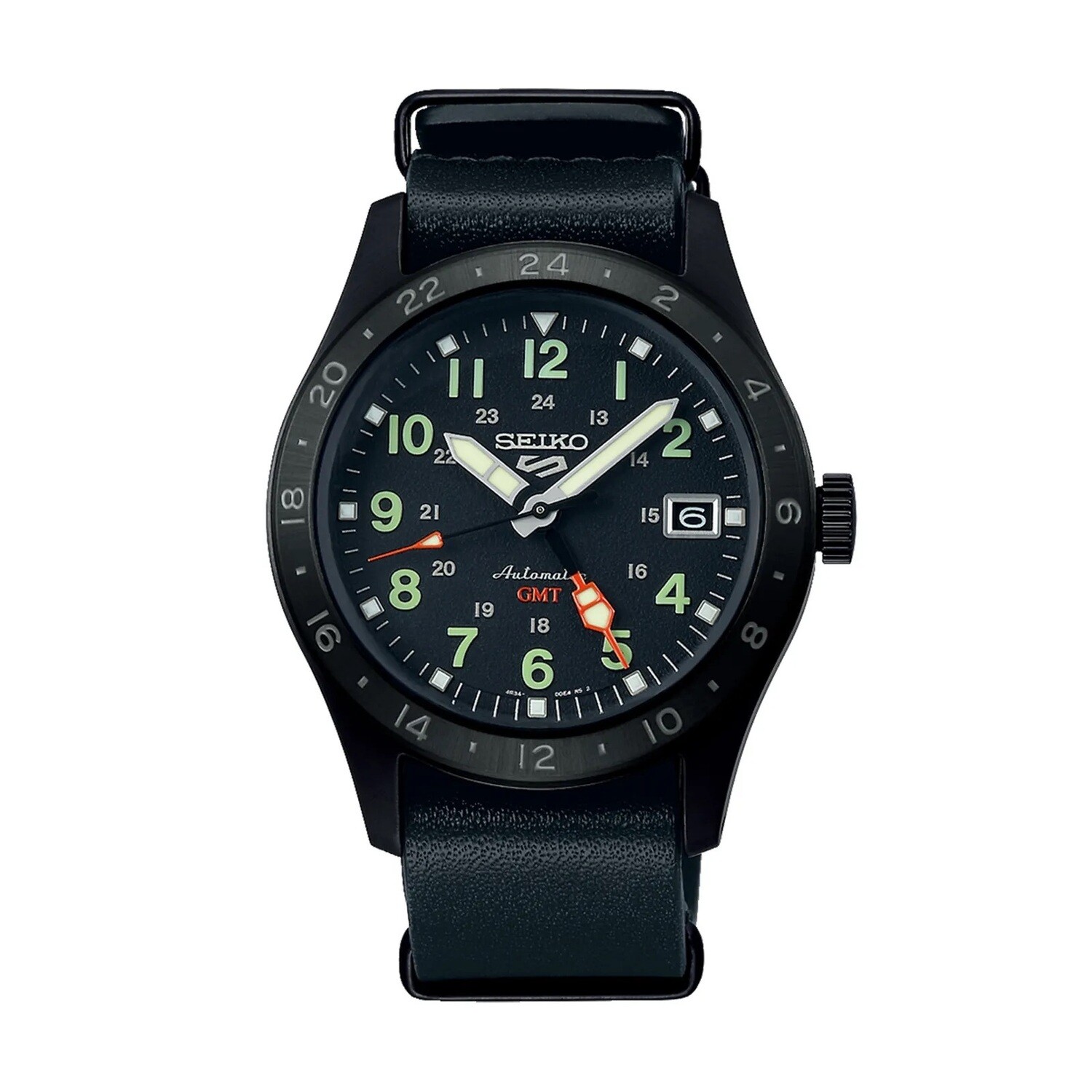 automatic men&#39;s watch Seiko 5 Sports GMT SSK025 Field Style 39.4mm 100m WR 4R34 leather band