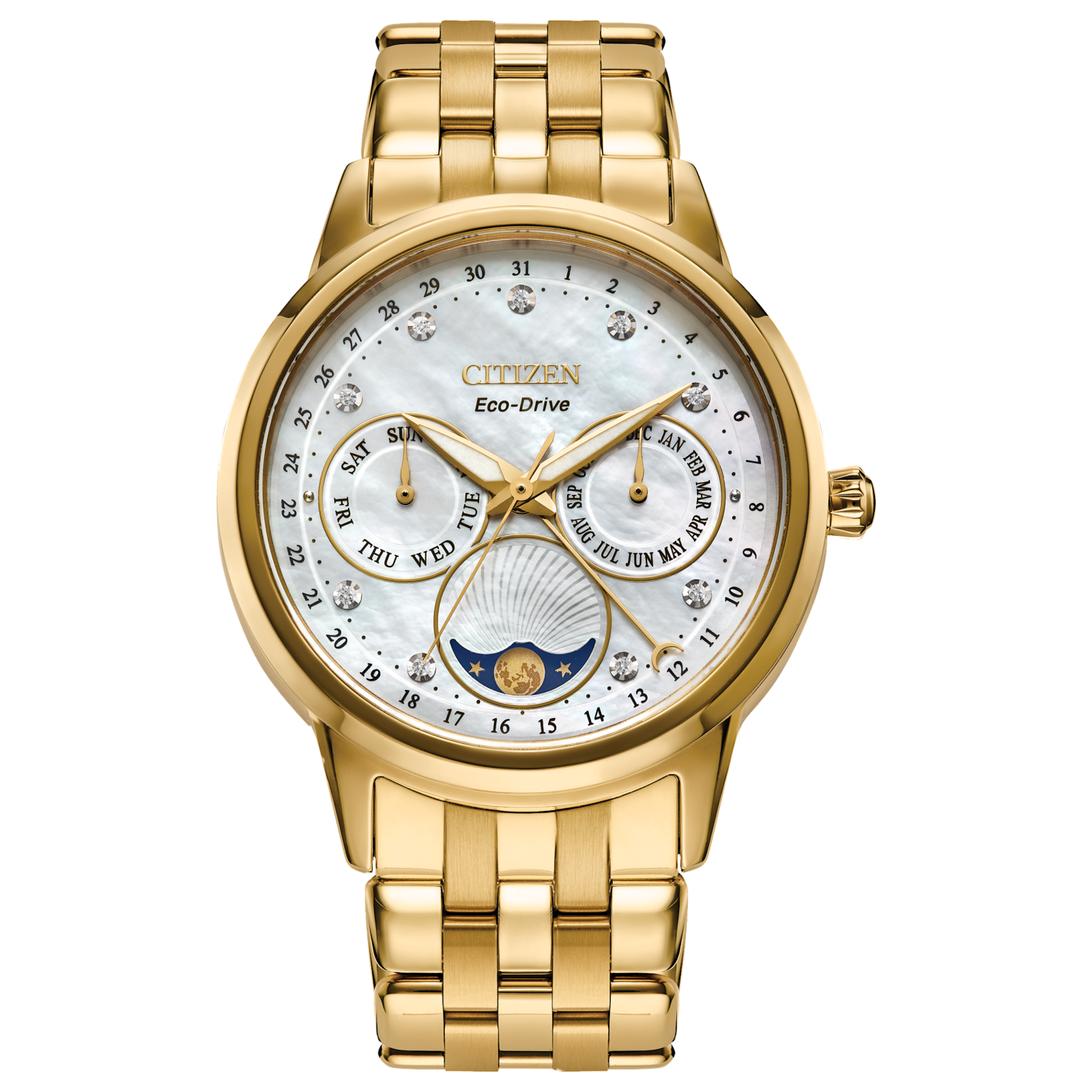 women's watch Citizen Calendrier Diamond Moon Phase Eco-Drive FD0002-57D 37mm 50m WR steel strap Eco-Drive movement (powered by solar energy or light)