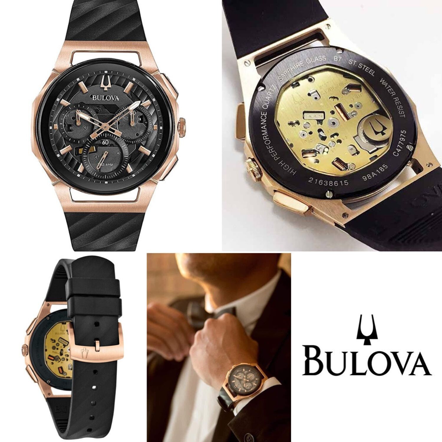 chronograph watch Bulova Curv 98A185 44mm 262 kHz sapphire crystal 30m WR EPDM rubber strap