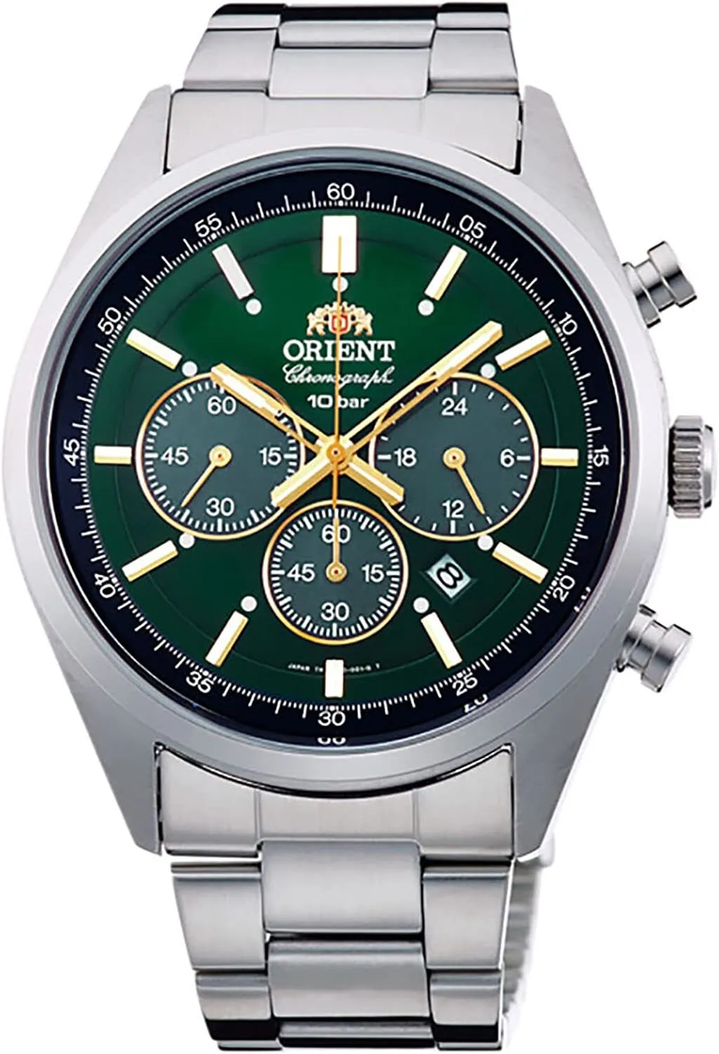 Orient Neo70&#39;s Green Panda WV0031TX JDM 42mm 100m WR steel strap solar chronograph men&#39;s watch JDM solar quartz movement (Japanese domestic market)